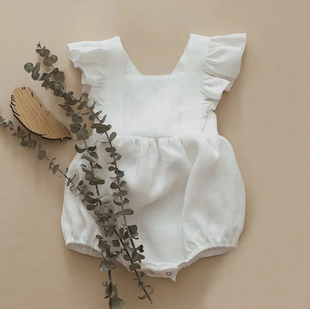 Summer Ruffle Romper – Cotton Linen Sleeveless Outfit